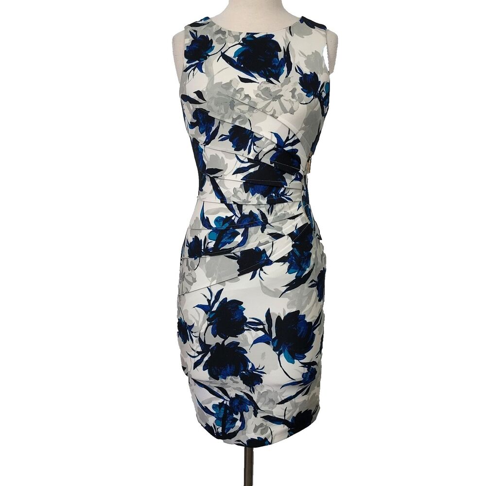 Ivanka Trump Floral Sleeveless Sheath Dress Women size 2 Gold Zipper Stretch